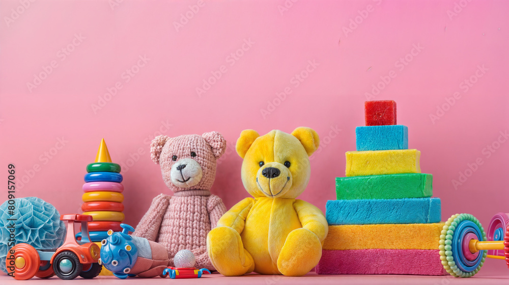 A pink and yellow teddy bear sits on a pink background with other toys