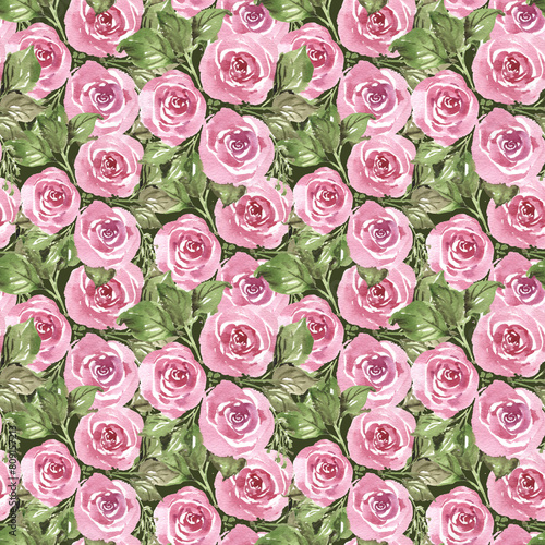 Hand drawn watercolor pink roses flowers bouquet with green leaves. Pastel colors, seamless pattern print background.