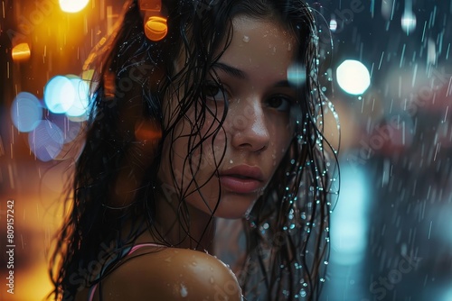 A woman with wet hair stands in the rain, water dripping down her face as she looks up at the sky, A beautiful girl with freshly washed hair standing in the rain photo