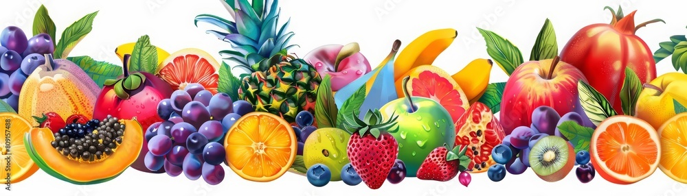 A fantastic illustration of exotic fruits, bursting with colors and flavors, isolated white background A fantastic illustration of exotic fruits, bursting with colors and flavors, isolated white background