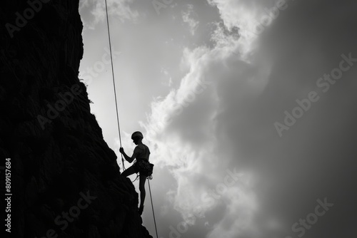 A man is ascending the steep side of a mountain while being secured by a belayer below, A belayer secures the rope as the climber ascends, their silhouette a stark contrast against the sky