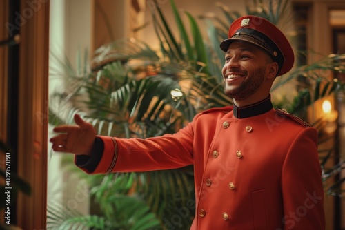 A bellhop in a red uniform points at something with a warm smile, A bellhop greeting guests with a warm smile and outstretched hand photo