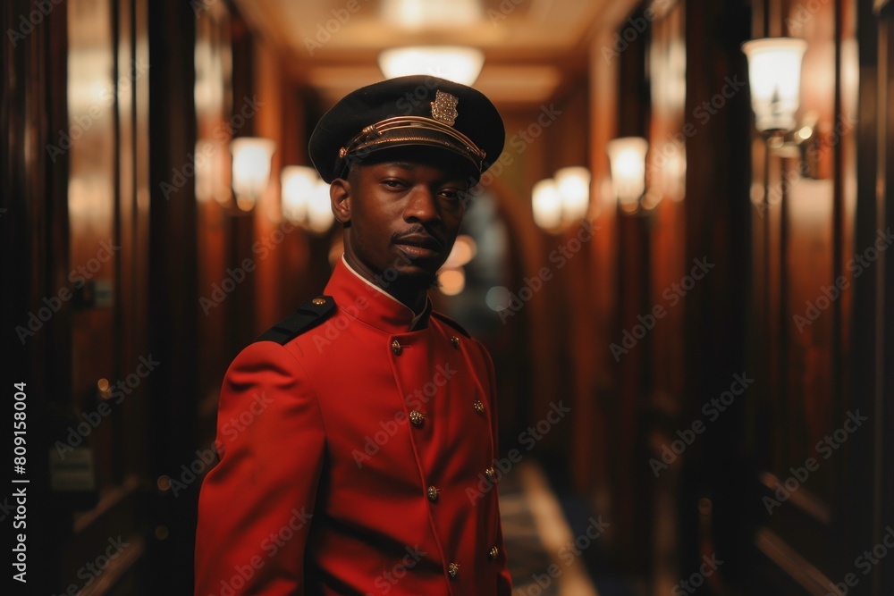 A man dressed in a red uniform stands in a hallway, ready to provide excellent service to guests, A bellhop providing impeccable service to each guest, no matter how small the request