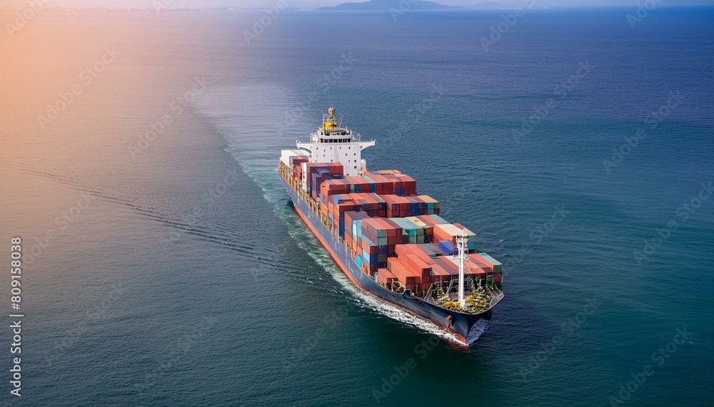 Fototapeta premium detailed miniature model representing a container ship sailing through simulated open seas, logistics of import and export freight transportation. The model ship is sea water background