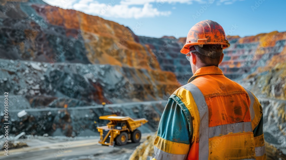 A miner with a safety helmet stands before a vast open-pit mine, overseeing the extraction process and heavy machinery operations A miner with a safety helmet stands before a vast open-pit mine, overseeing the extraction process and heavy machinery operations