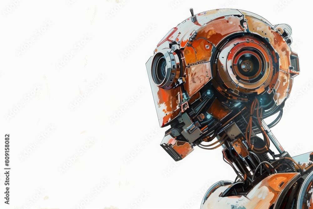 Fototapeta premium A lovely painting of a robot, elegantly framed in chrome, isolated with a white background