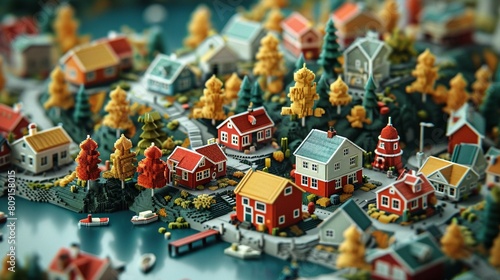 a centered wide shot isometric pixel art small Scandinavian town gradually going big to small, isolated photo