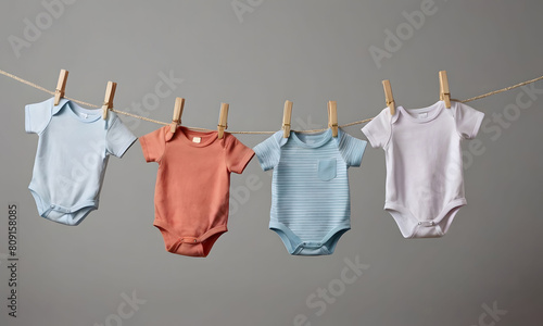 Children's clothes are dried on a rope with clothespins on a gray background. Artificial intelligence. 