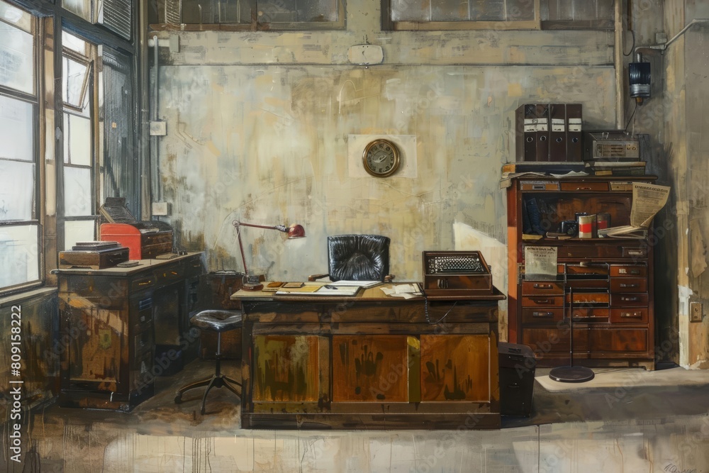 A painting of an oldschool office radiates a vintage charm, perfectly frozen in time as a model isolated on a white background A painting of an oldschool office radiates a vintage charm, perfectly frozen in time as a model isolated on a white background