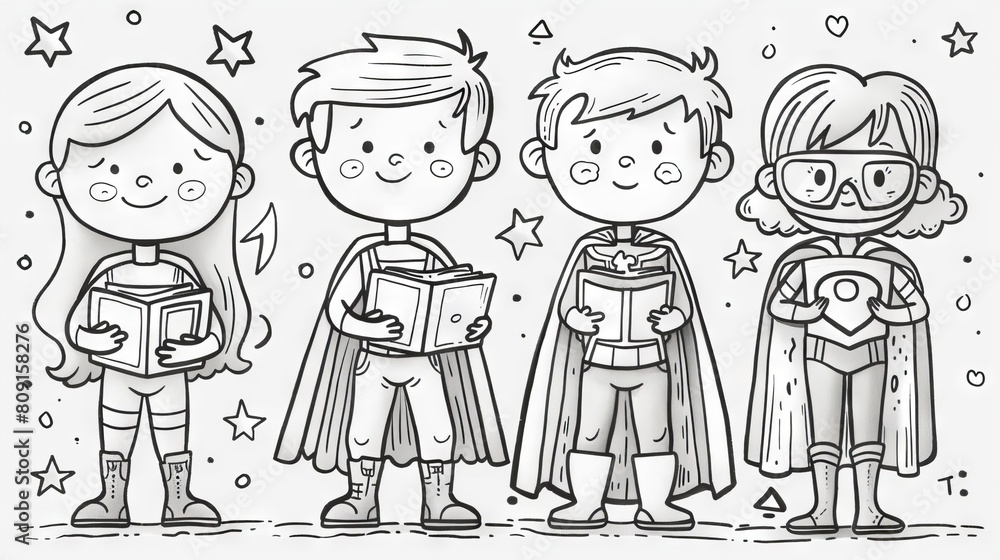 A group of children dressed as superheroes are reading books. The children are all smiling and look happy. The background is white with stars and hearts. A group of children dressed as superheroes are reading books. The children are all smiling and look happy. The background is white with stars and hearts.