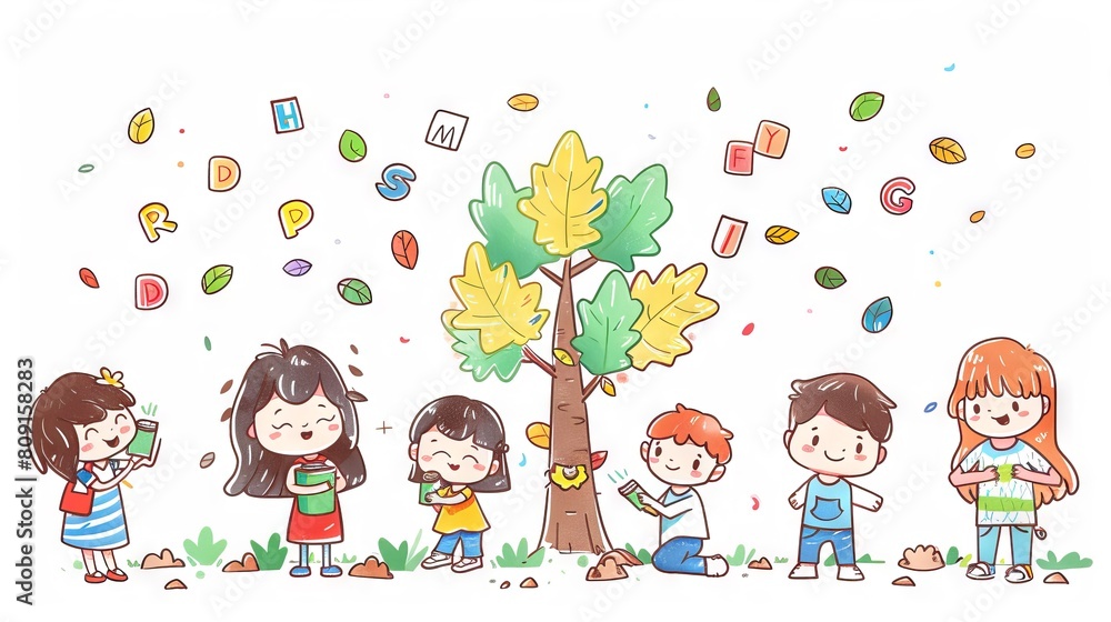 A group of children are planting a tree while another child is watering it A group of children are planting a tree while another child is watering it