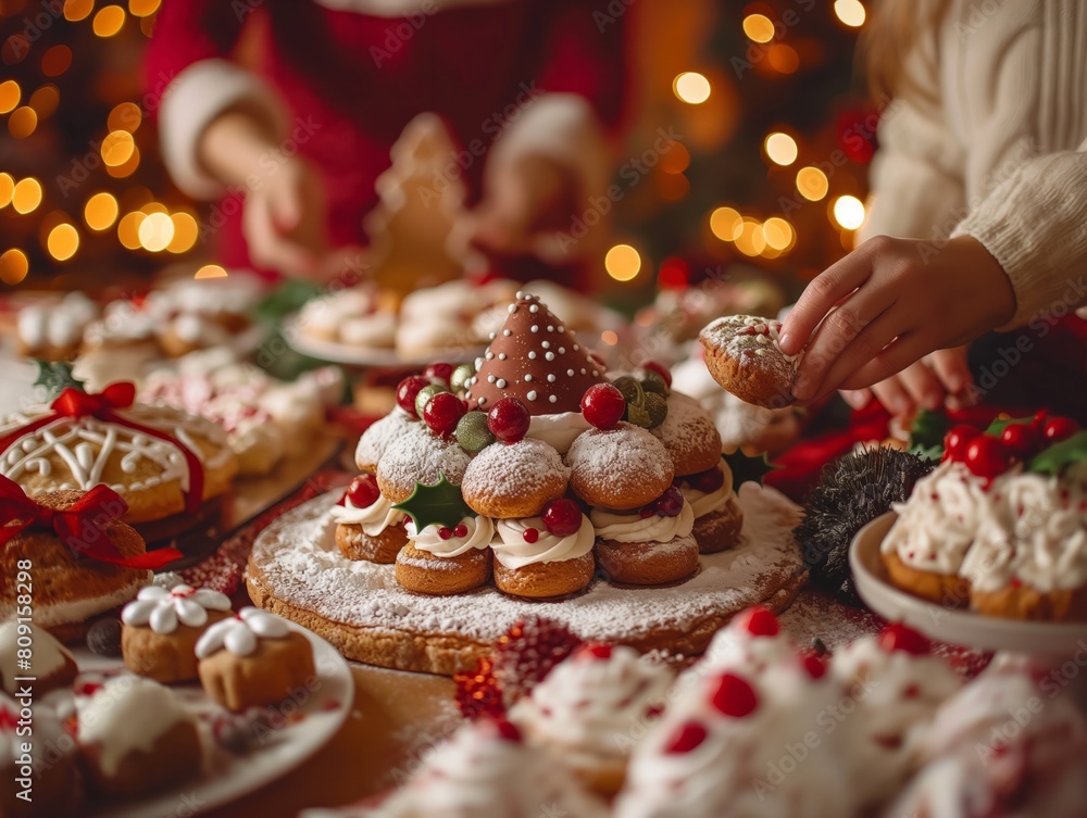 A table full of Christmas desserts, including a cake with a tree on top. A person is reaching for a cookie