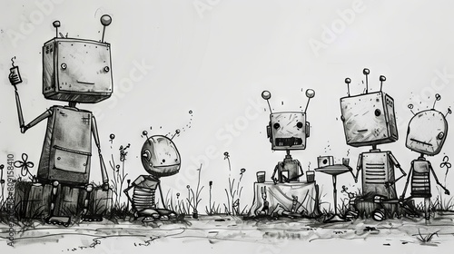 A group of robots are sitting on the grass near the house photo