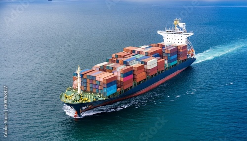 detailed miniature model representing a container ship sailing through simulated open seas, logistics of import and export freight transportation. The model ship is sea water background