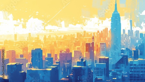 comic book panel  comic pop art style  skyline of New York City  sun in the sky