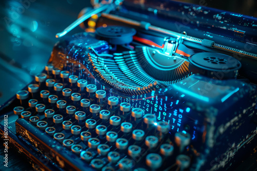 A typewriter with a blue light shining on it