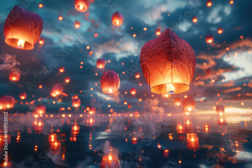 The magical ambiance of an enchanting lantern festival, where colorful lights float in the twilight sky, creating a serene and mesmerizing atmosphere.