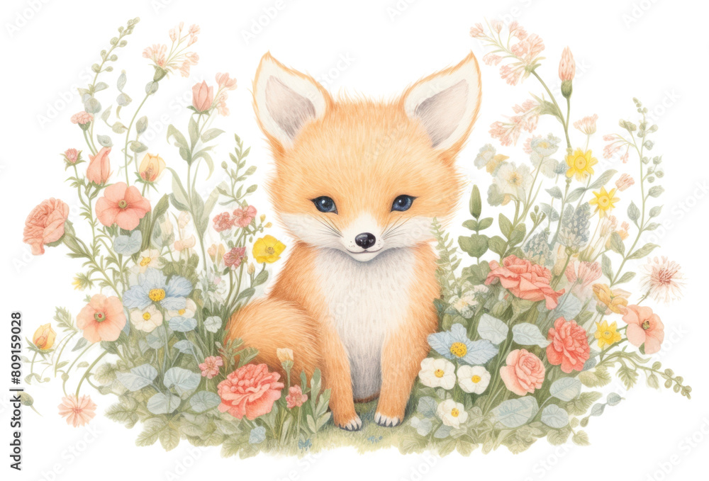 Fototapeta premium PNG Baby fox in flower garden mammal animal plant. AI generated Image by rawpixel.