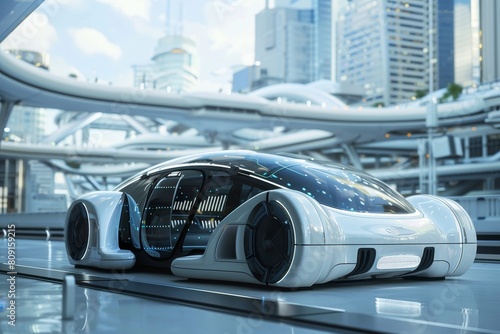 A futuristic car equipped with advanced technology sits stationary on the ground in front of a cityscape, A blueprint for a high-tech, self-driving car
