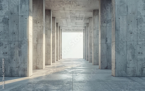 A long corridor with concrete columns leading towards a bright light at the end