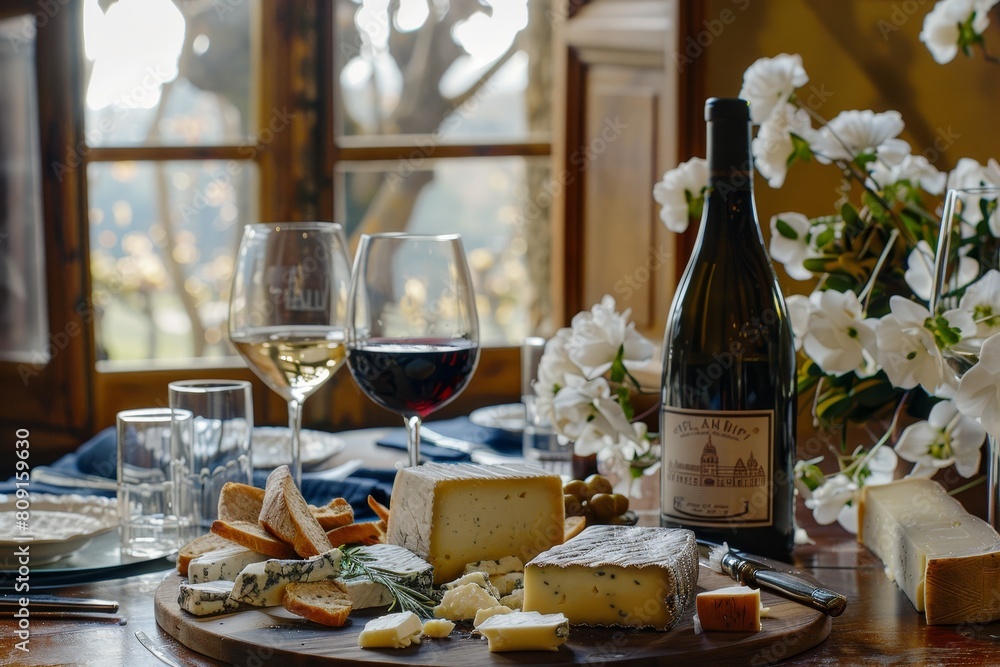 A wooden table is covered with wine glasses filled with wine and a platter of assorted cheeses, A bohemian table with a platter of assorted cheeses and a carafe of wine