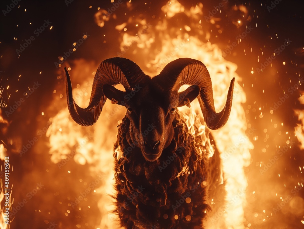 A ram with horns is standing in front of a fire. The ram is black and ...