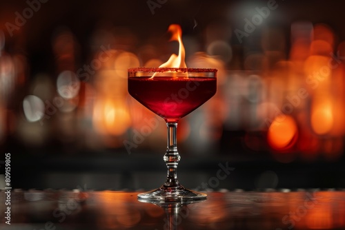 A vibrant red cocktail stands on a table, capturing attention with its striking color, A bold and daring cocktail with fiery red hues and smoky undertones