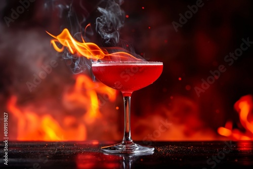 Bold red cocktail sitting on a table next to a crackling fire, A bold and daring cocktail with fiery red hues and smoky undertones