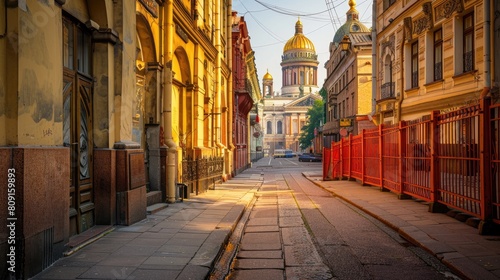 an empty city street bathed in the warm glow of a summer sunset, featuring a prominent red fence in the foreground and vintage buildings adorned with white window frames