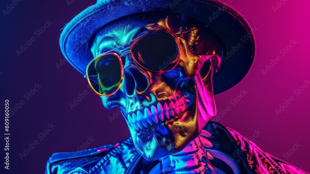 Colorful neon lit skeleton with sunglasses and hat Colorful neon lit skeleton with sunglasses and hat