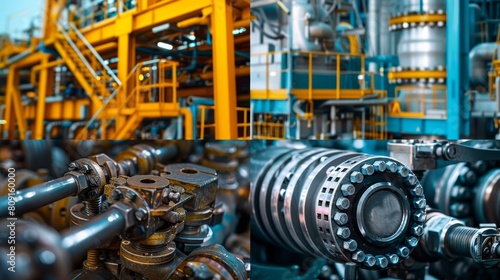 A large industrial plant with a large pipe with many bolts and nuts on it