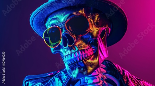 Colorful neon lit skeleton with sunglasses and hat