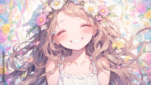 anime style girl with long brown hair, smiling and wearing flowers in her hair, white dress, colorful cartoon background, cute, pastel colors