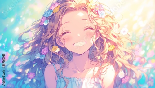 anime style girl with long brown hair, smiling and wearing flowers in her hair, white dress, colorful cartoon background