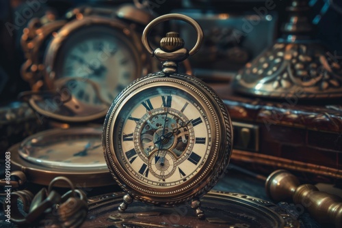 A detailed view of a pocket watch resting on a table surface, A bond that withstands time and challenges photo