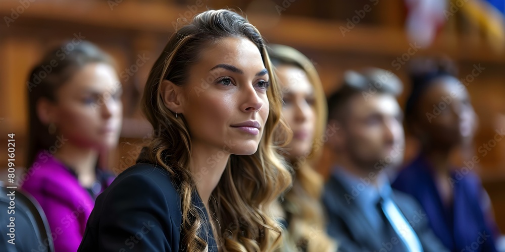 Female public defender cross-examines male witness in court alongside diverse legal team. Concept Legal Team, Cross-Examination, Public Defender, Courtroom Drama, Diversity in Law