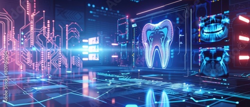 An illustration of modern healthcare technology depicts a dentist with holographic displays showing dental structure crosssections photo