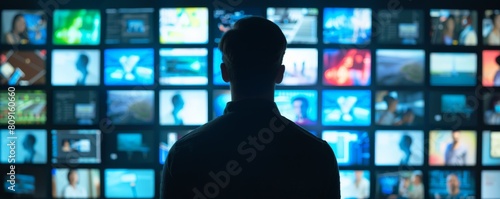 A man is standing in front of a wall of television screens, looking at the various displays with a focused expression photo