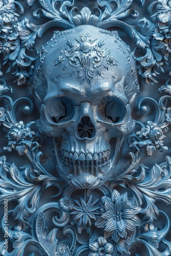 Floral Adorned Skull in Moody Blue Tones 