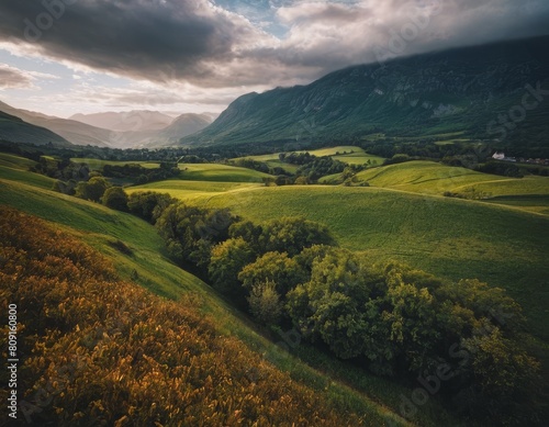 Whispers of Nature: Rolling Hills and a Mountain Cottage at Sunset, Generative AI