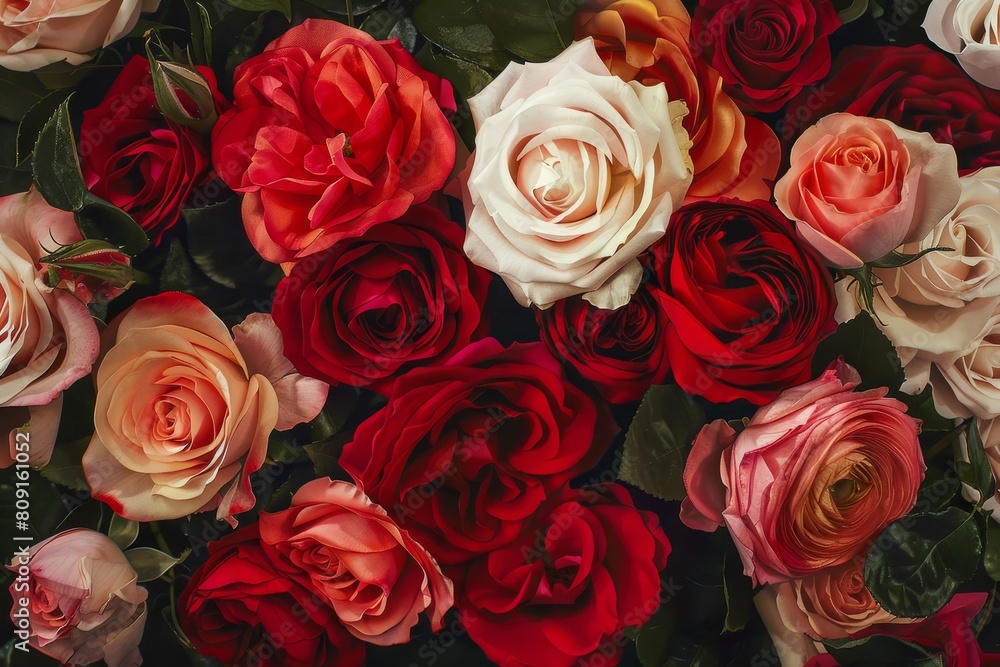A cluster of red and pink roses with vibrant green leaves in full bloom, A bouquet of roses in various shades of red A cluster of red and pink roses with vibrant green leaves in full bloom, A bouquet of roses in various shades of red