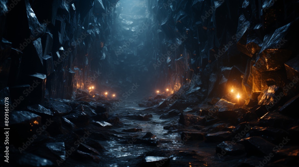 Mysterious dark fantasy cave with glowing lights Mysterious dark fantasy cave with glowing lights