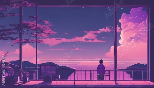 Relaxing Retro Japanese Lo-fi Anime Purple Color Tone Wallpaper