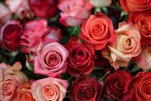 A cluster of red and pink roses intertwined in a bouquet arrangement, A bouquet of roses in various shades of red