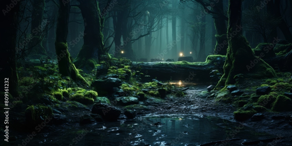 Enchanted forest landscape with glowing lights Enchanted forest landscape with glowing lights