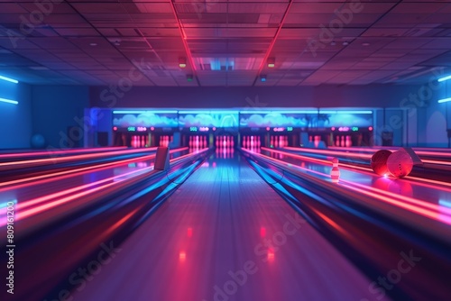 Bowling balls roll down a neon-lit alley in a bustling bowling alley, A bowling lane with glowing neon lights photo
