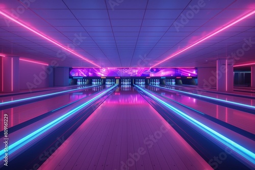 A long row of bowling lanes illuminated by vibrant neon lights, creating a dazzling display, A bowling lane with glowing neon lights photo