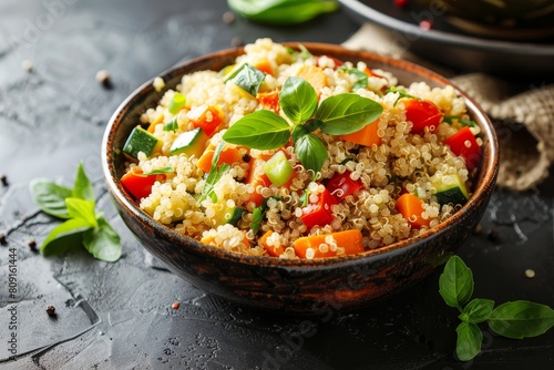 A bowl filled with rice and assorted vegetables sitting on a wooden table, A bowl of quinoa mixed with vegetables and herbs