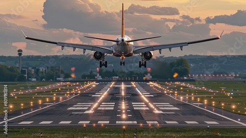 an airplane soaring high in the sky, its lights ablaze and wing prominent, while below, the illuminated runway resembles an endless street stretching into the distance.