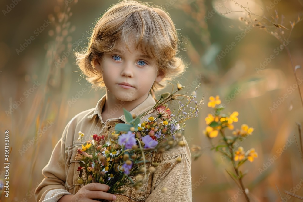A young boy holding a bunch of wildflowers in his hands, A boy holding a bouquet of wildflowers with a look of wonder A young boy holding a bunch of wildflowers in his hands, A boy holding a bouquet of wildflowers with a look of wonder